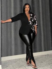 Slaydiva Plus Size Alphabet Printed Long Sleeve Jacket - Black - View 4