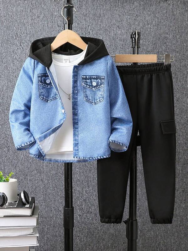 SHEIN Young Boy Denim-Effect Print Hooded Shirt And Pants 2pcs Outfit