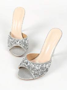 Talons Hauts Pour Femmes Sandales À Talons Ronds Transparents Avec Strass Brillant Pour Fêtes Ou Rassemblements - Argent - Voir 7