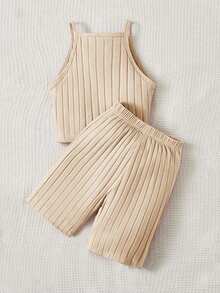 SHEIN 少女罗纹背心和短裤休闲运动两件套 - 杏色 - 查看 2