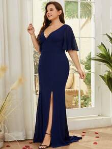 Plus Size Women Deep V-Neck Split Hem Solid Formal Dress, Suitable For Mother Of The Bride - Navy Blue - View 3