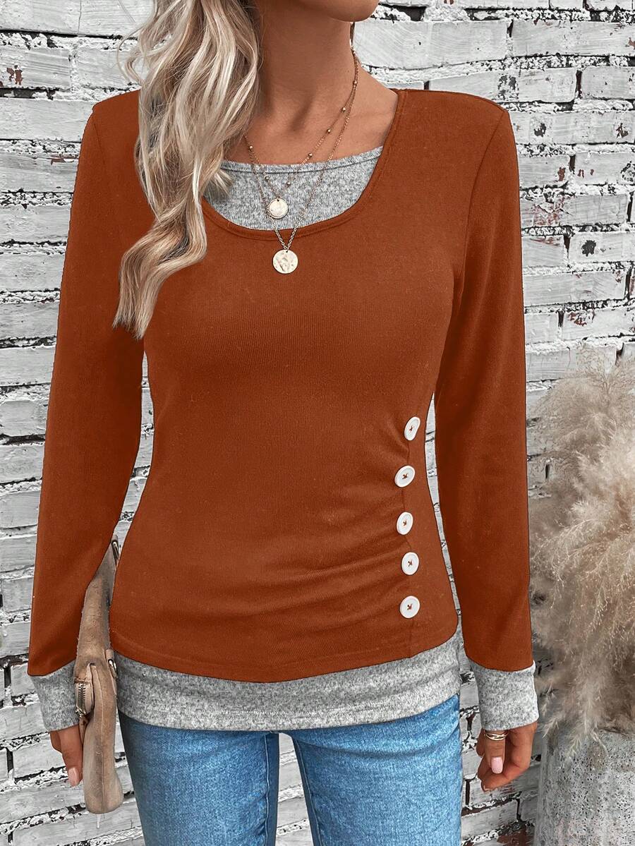 EMERY ROSE Buttoned Decor Two-In-One Long Sleeve T-Shirt - Orange - View 1