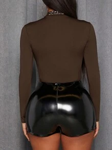 Slaydiva Women's Long Sleeve Mesh Contrast Rhinestone Bodysuit - Brown - View 2