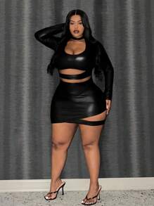 Slaydiva 大码优雅性感纯色修身不对称镂空 PU 涂层面料女式长袖迷你连衣裙，适合音乐会、派对、女士服装、俱乐部、黑色连衣裙、约会之夜 - 黑色 - 查看 5