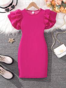SHEIN Vestido Para Niña Preadolescente Con Cuello Redondo Casual Y Manga Con Capas Para Uso Diario