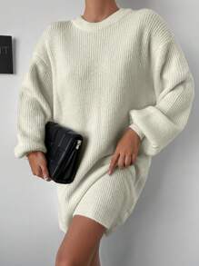 EURMUSE Drop Shoulder Ribbed Knit Sweater Dress - White - View 4
