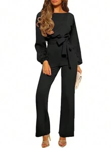 Solid Belted Flare Leg Jumpsuit - Black - View 1