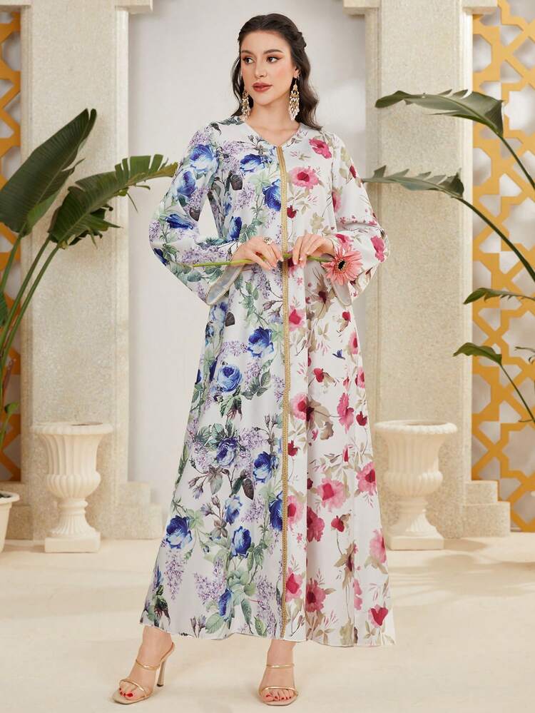 Women's Colorblock Flower Printed Splice Ribbon Dress