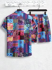 Manfinity RSRT Men'S Printed Short Sleeve Shirt And Shorts Set , Graphic , Vacation , Husband , Colorful , Casual - Purple - View 2