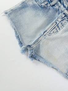 幼兒女孩街頭服飾重度水洗寬鬆舒適磨邊牛仔短褲 - 淺色水洗藍 - 查看 3