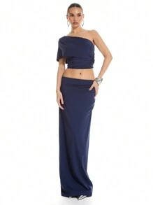 MUSERA 女士纯色长裙 优雅夏季性感时尚 - 藍色 - 查看 1