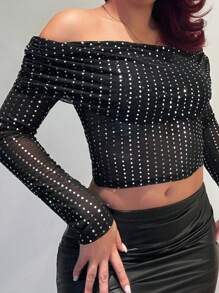 Slaydiva Off Shoulder Silver Foil Print Top