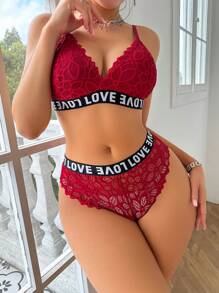 Romantic Series Alphabet Print Ribbon Lace Sexy Lingerie 2pcs/Set
