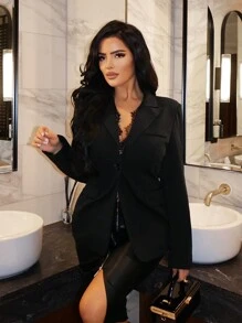 SHEIN SXY 襯衫領蕾絲拼接單鈕西裝外套 - 黑色 - 查看 5