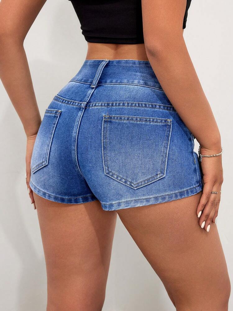 Rhinestone Embellished Denim Shorts With Washed Finish