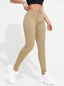 SHEIN Essnce Enfärgad Mager Jeans - Kaki - Visa 4