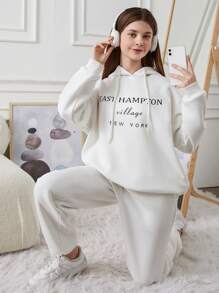 RueChic Teen Girl Slogan Printed Drawstring Hoodie And Sweatpants Two-Piece Set