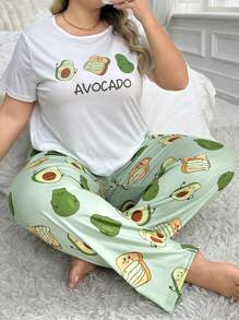 Kích thước lớn Của phụ nữ Trái bơ In Ngắn tay Áo thun Và Quần Bộ mặc nhà - màu xanh lá - Xem 1