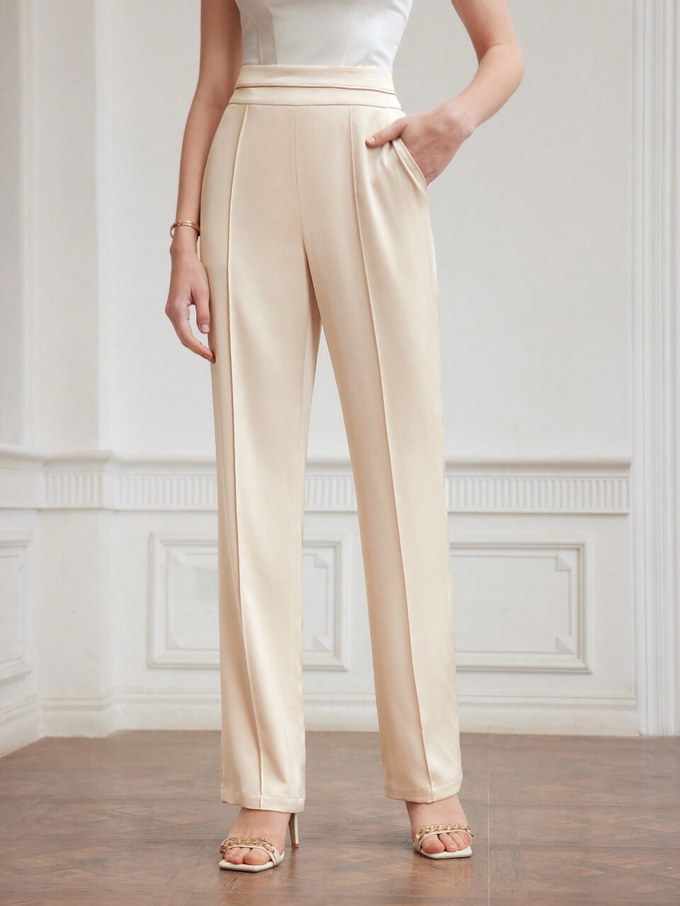 WOVEN WOMEN'S SOLID SEAM FRONT SUIT PANTS