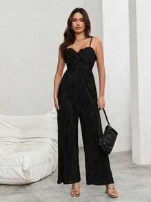 SHEIN Privé Salopetă elegantă pentru femei, plisată, cu picioare largi, cu garnitură cu volane și curea reglabilă, perfectă pentru vară și vacanță - Negru - Vizualizare 6