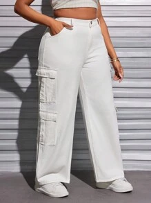 Kích thước lớn Của phụ nữ Cargo Đã bỏ túi Quần denim - trắng - Xem 4