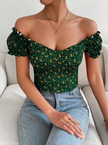 SHEIN Frenchy Của phụ nữ Ngắn tay Quần skinny Áo thun Với In hoa Và Tay áo phồng - màu xanh lá - Xem 4