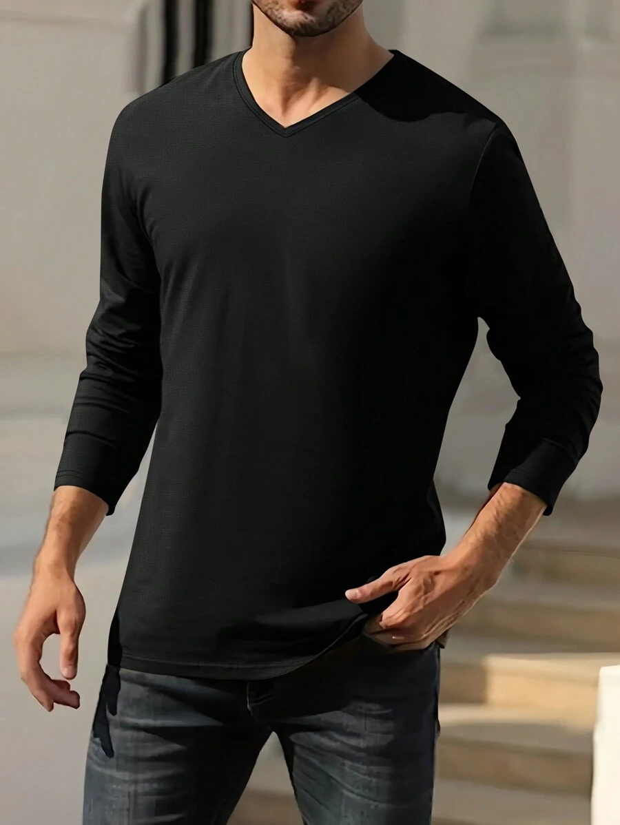 Camisa De Manga Larga Para Hombre De Color Sólido - Negro - Ver 1