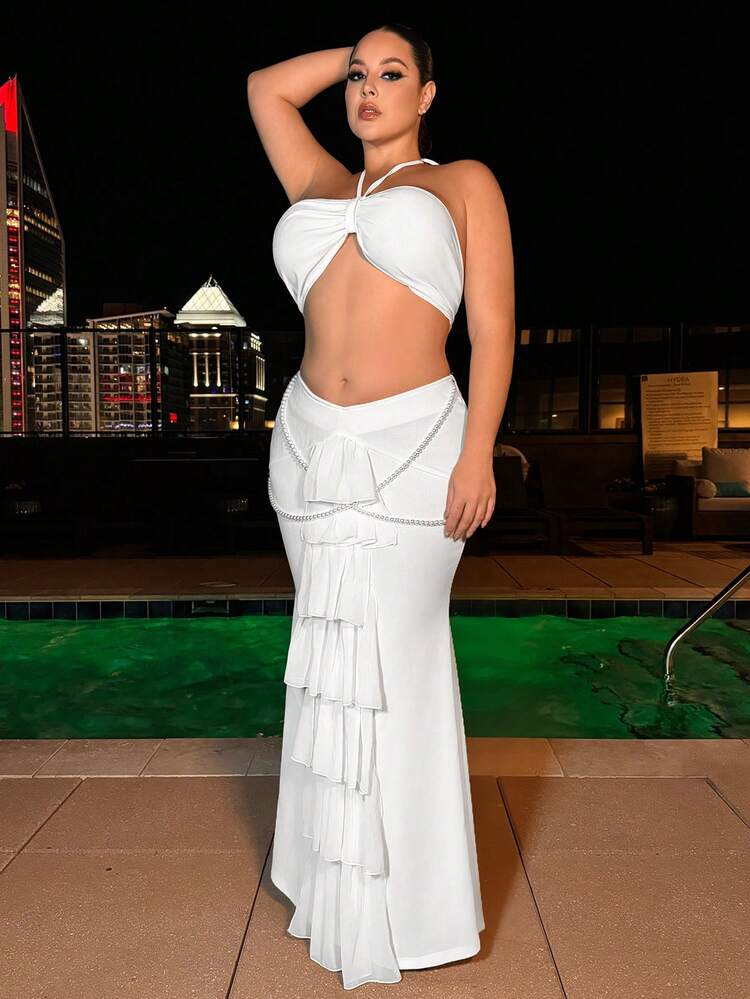 Women's Plus Size Back-Tied Halter Top And Mermaid Hem Skirt Set