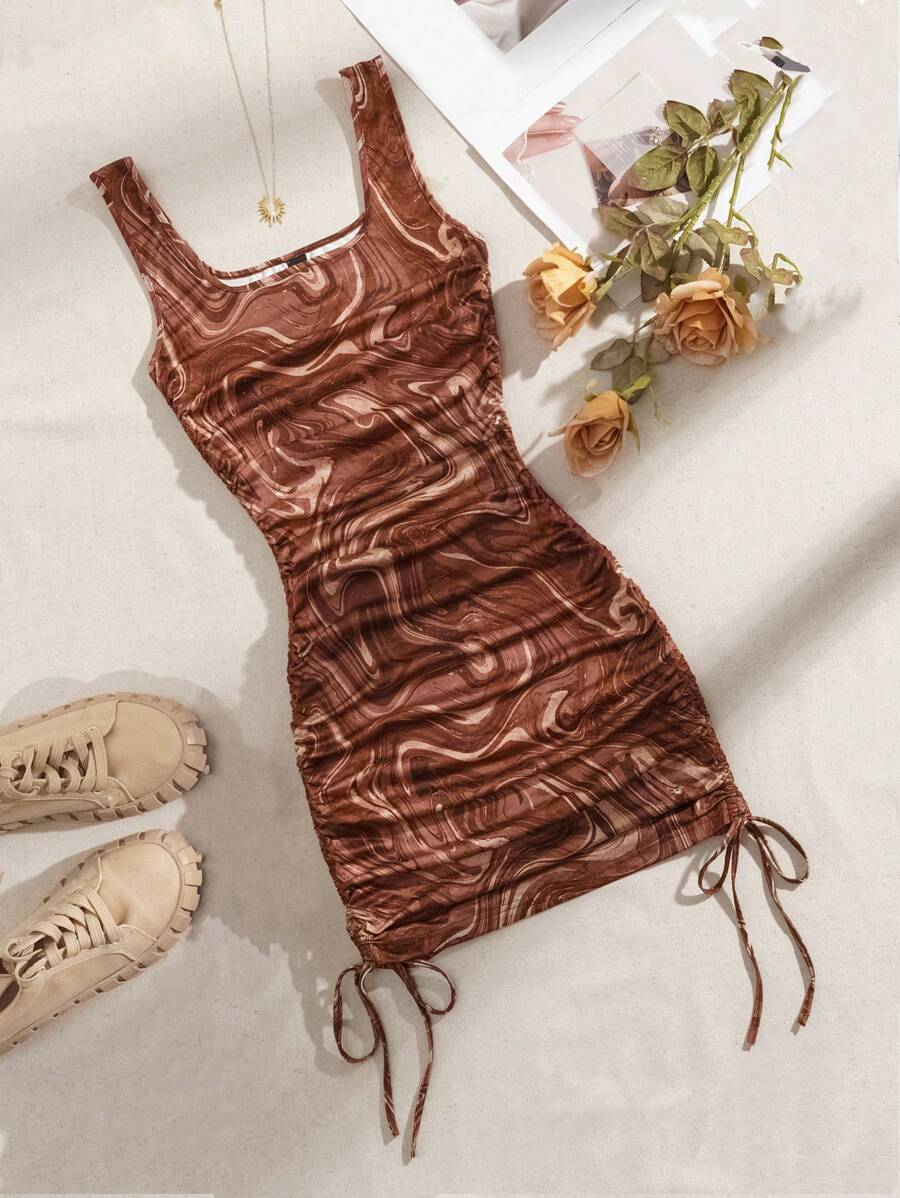 SHEIN EZwear Của phụ nữ In Đá cẩm thạch Dệt kim Dây rút Váy không tay - màu nâu - Xem 1