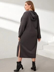 SHEIN Essnce Plus Size Hooded Drawstring Side Split Dress - Grey - View 2