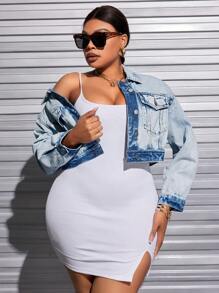 SHEIN SXY Của phụ nữ Kích thước lớn Tương phản Màu sắc Nút phía trước Áo khoác denim Với Túi - Rửa nhẹ - Xem 1