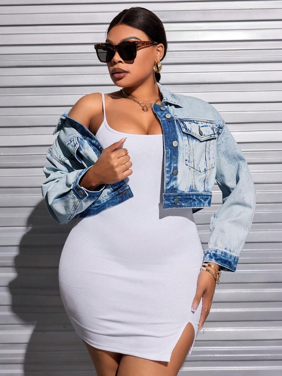 SHEIN SXY Của phụ nữ Kích thước lớn Tương phản Màu sắc Nút phía trước Áo khoác denim Với Túi - Rửa nhẹ - Xem 1