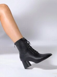 Women's Fashion Boots Black Simple Style Lace-up Chunky Heel Booties - Black - View 2