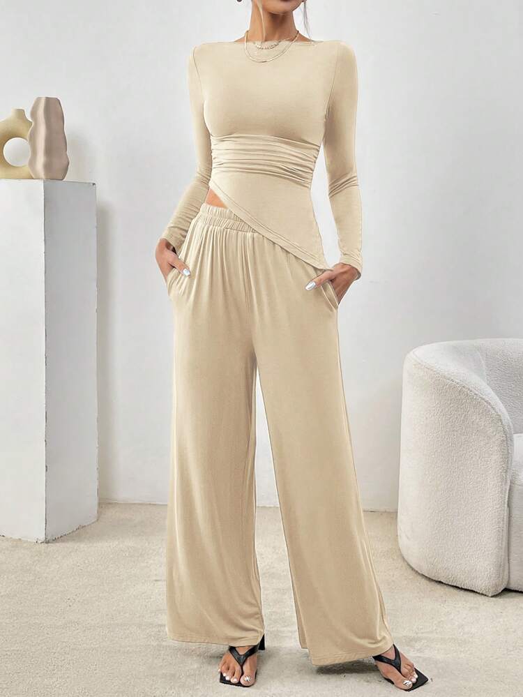 Women'S Solid Color Asymmetrical Ruched Hem T-Shirt And Wide Leg Pants Set