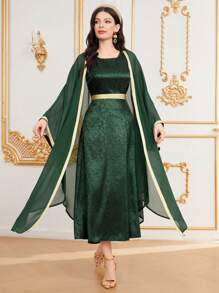 Al Najma 女士彩色拼接毛邊蝙蝠袖外套和無袖連衣裙兩件套 - 墨綠色 - 查看 5