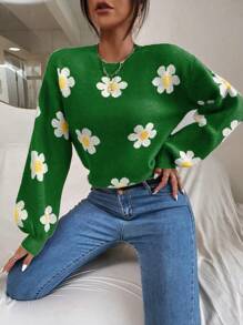 SHEIN Essnce Floral Pattern Drop Shoulder Knit Pullover Fall Winter Sweater - Green - View 3