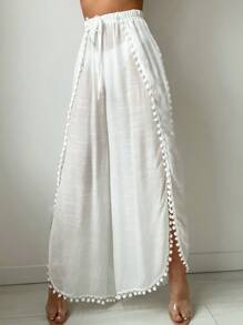 Swim Vcay Summer Beach Women's Beachwear Pom-Pom Trim Tie Front Waist Splice Cover Up Pants
