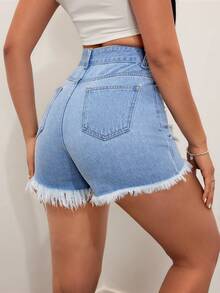 SHEIN EZwear Ladies' Denim Shorts With Frayed Edges And Destroyed Design - Light Wash - View 4
