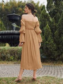 Modelyn Vestido De Mujer Con Hombros Descubiertos Y Mangas De Hojas De Loto - Caqui - Ver 2