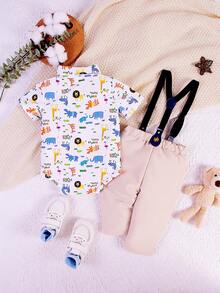 Em bé Con trai Đẹp trai Quý ông Phong cách Ngắn tay Romper Với Cổ áo sơ mi Và Dây treo Dài Quần 2 Miếng Bộ , Mùa xuân/Mùa hè - Nhiều màu - Xem 2