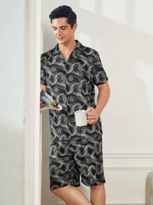 男士休閒鈕扣短袖印花襯衫和短褲居家套裝 - 黑色 - 查看 3
