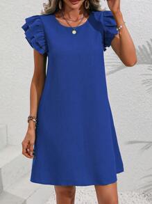 Breezaya Round Neck Double Layer Ruffle Sleeve Dress Vacation Beach Outfits Women - Blue - View 6