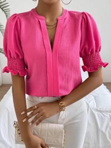 SHEIN Privé Women's Notched V Neck Shirred Roll Up Sleeve Blouse - Hot Pink - View 4