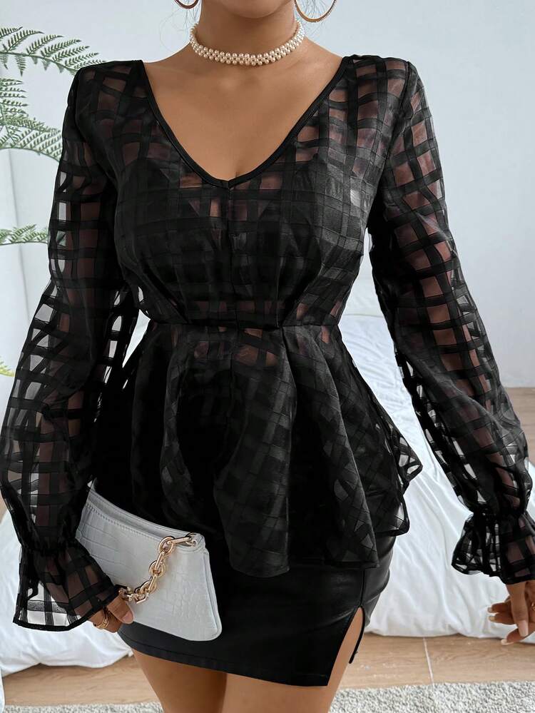 Women's Sheer Shirt With V-Neck, Frill Sleeves And Perspective Design