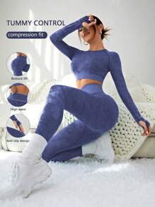 Easithlete Seamless Raglan Sleeve Sports Set Workout Women Set Women Leggings Set - Navy Blue - View 1