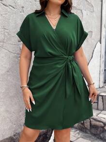 Vionelle Women Plus Size Solid Color V-Neck Gathered Waist Dress - Dark Green - View 3
