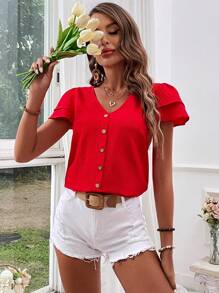 SHEIN VCAY V-Neck Button Front Vacation Blouse - Red - View 3