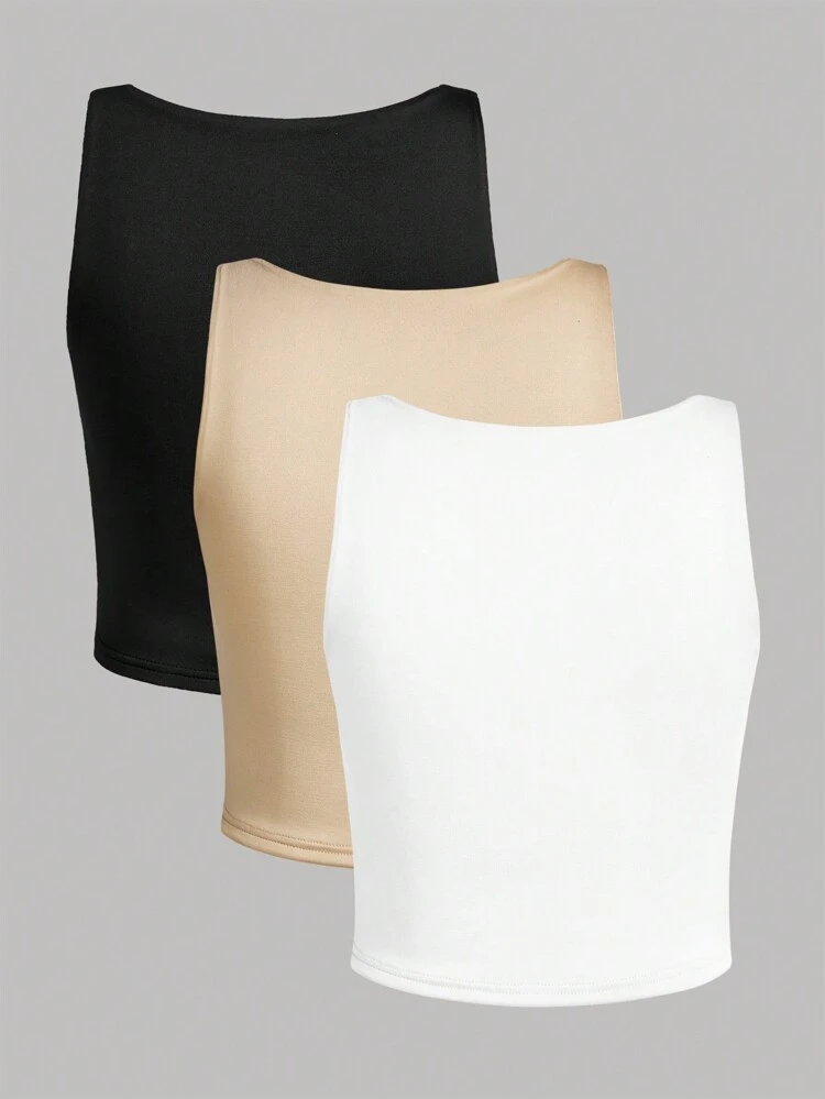Teen Girl Solid Color Square Neck Double Layer Crop Top 3pcs