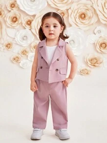 SHEIN Baby Girl Casual Solid Color Suit Collar Sleeveless Vest And Long Pants With Suspender Vest 3pcs Set