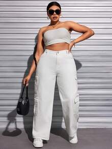 Kích thước lớn Của phụ nữ Cargo Đã bỏ túi Quần denim - trắng - Xem 3